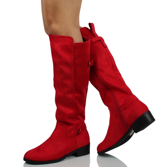 Red faux suede pull on tab knee high boot - Picture 2 of 8